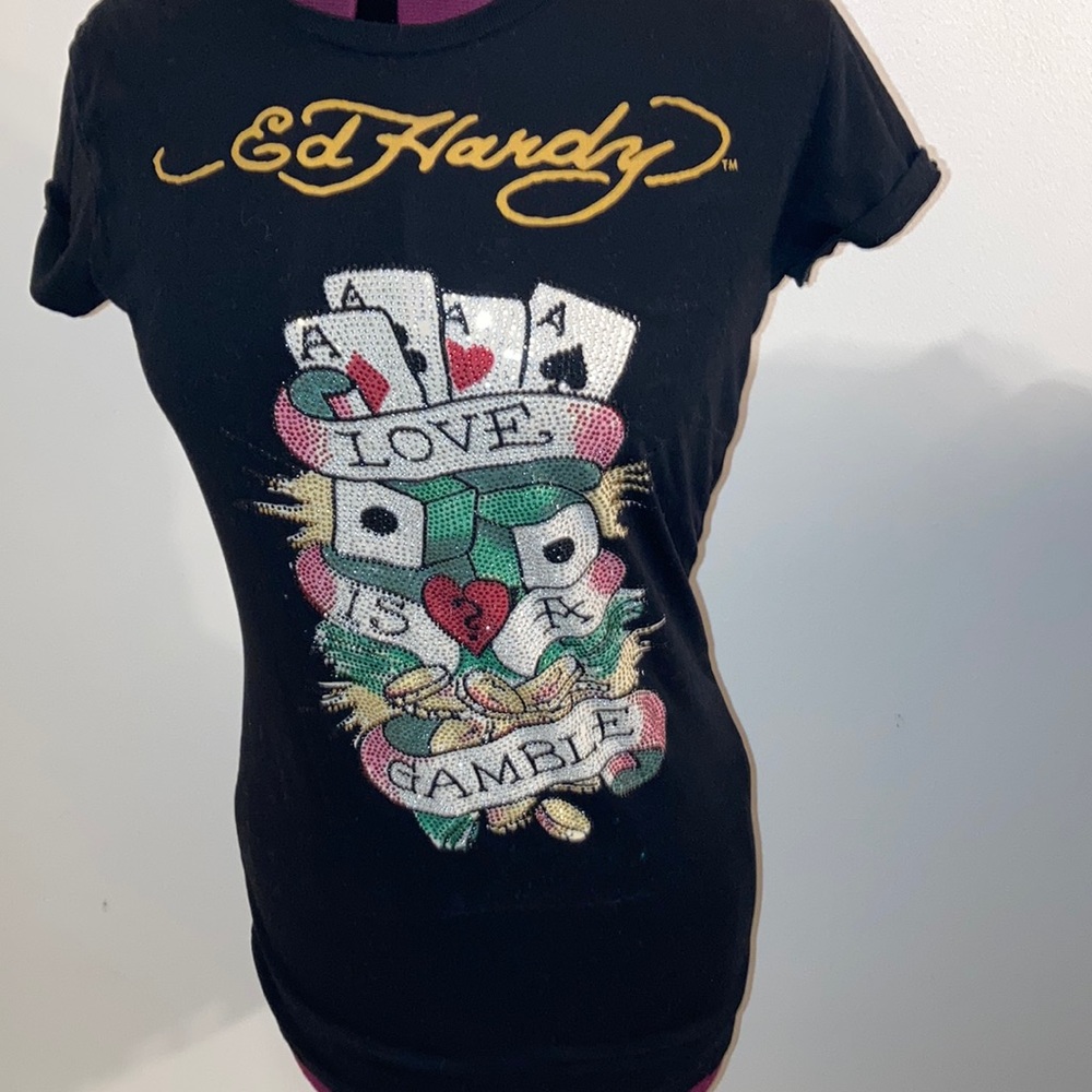 Ed Hardy by Christian Audigier. Medium black tee with “Love Is A Gamble…